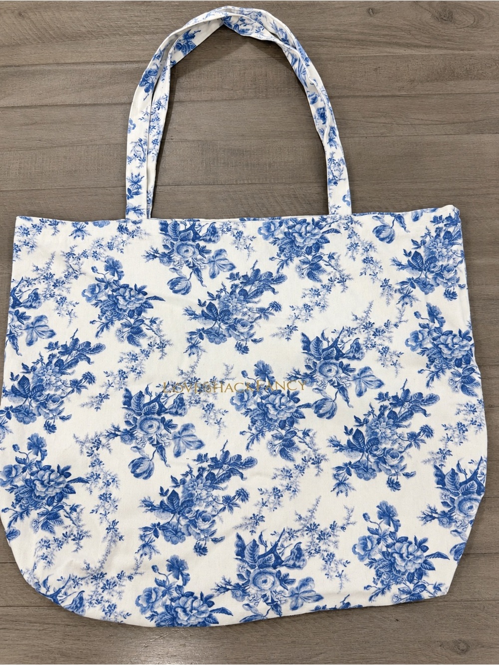 LoveShackFancy Blue White Floral Toile Canvas Tote Bag